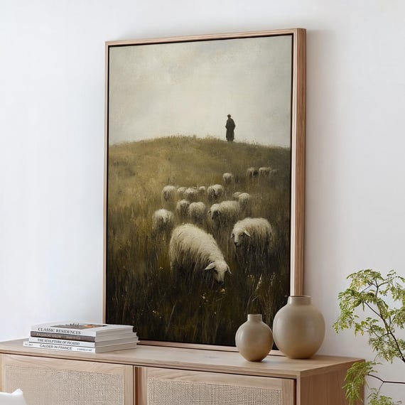 Shepherd And Sheep Canvas Print Rustic Farmhouse Wall Art Vintage Country Landscape Pastoral Herding Scene Moody Rural Decor