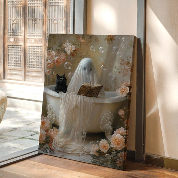 Ghost Reading in Bathtub, Whimsical Cat Bathroom Art Print
