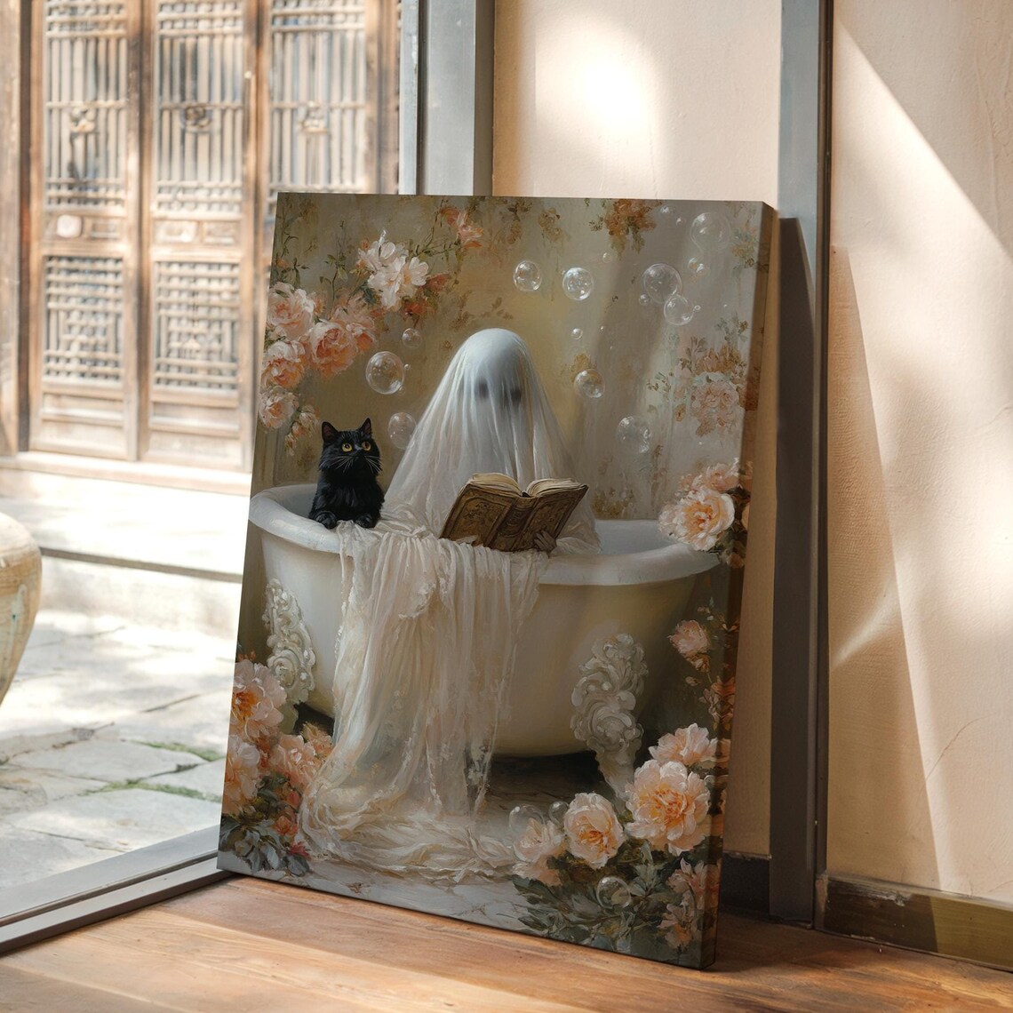 Ghost Reading in Bathtub, Whimsical Cat Bathroom Art Print