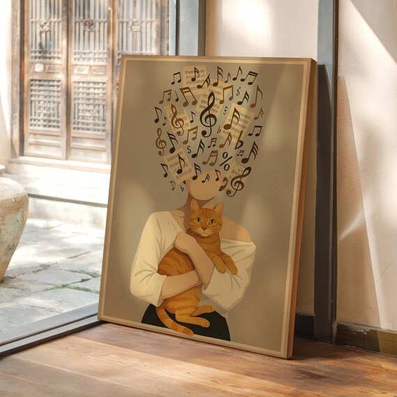 Surreal Woman Holding Orange Cat with Musical Notes Vintage Art Poster