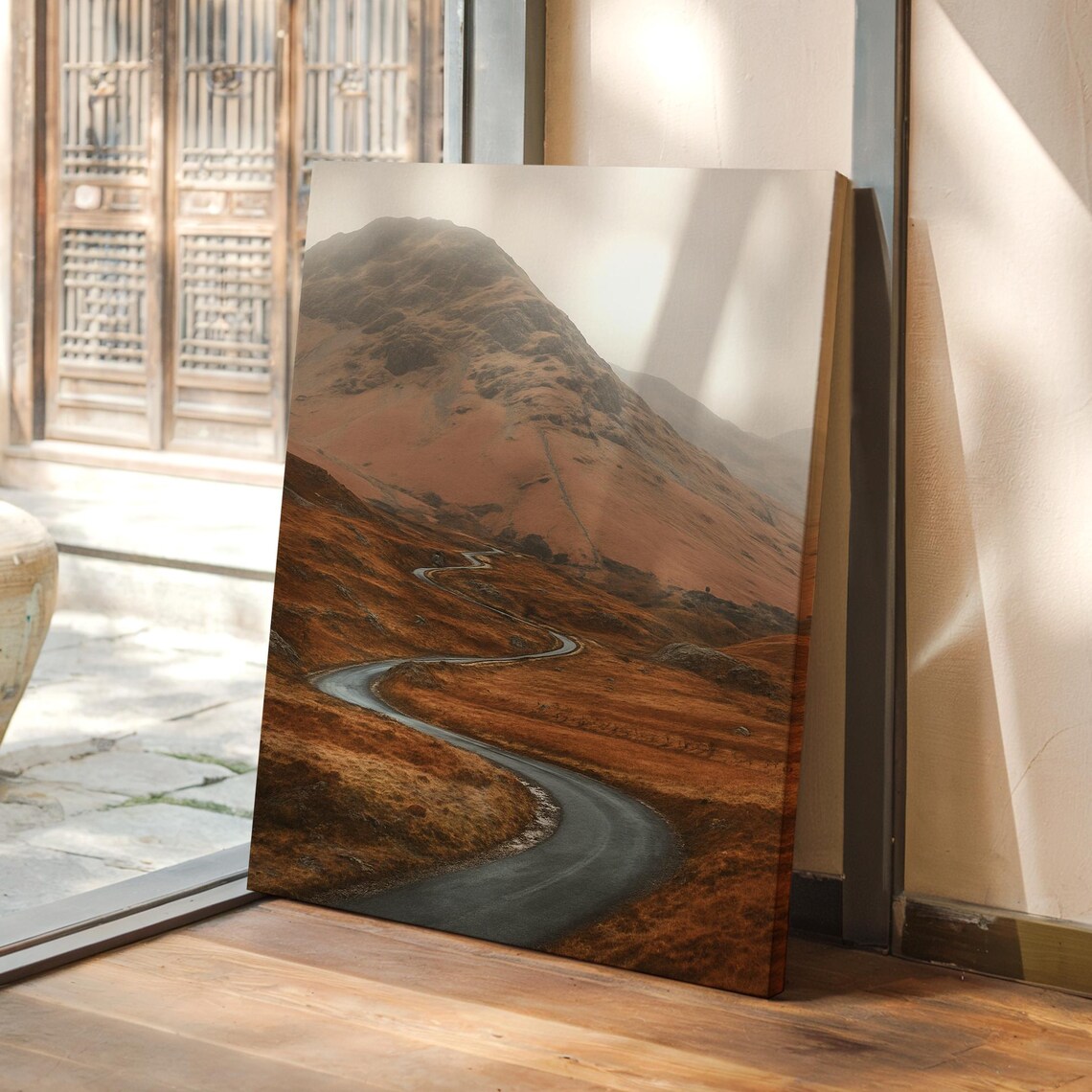 Winding Autumn Mountain Road Misty Highland Landscape Poster