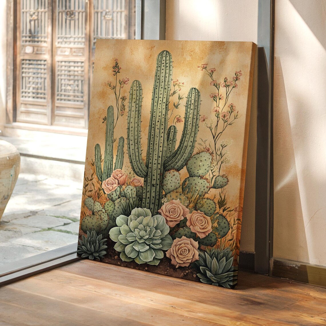 Southwest Cactus Blush Rose Botanical Vintage Floral Art Poster