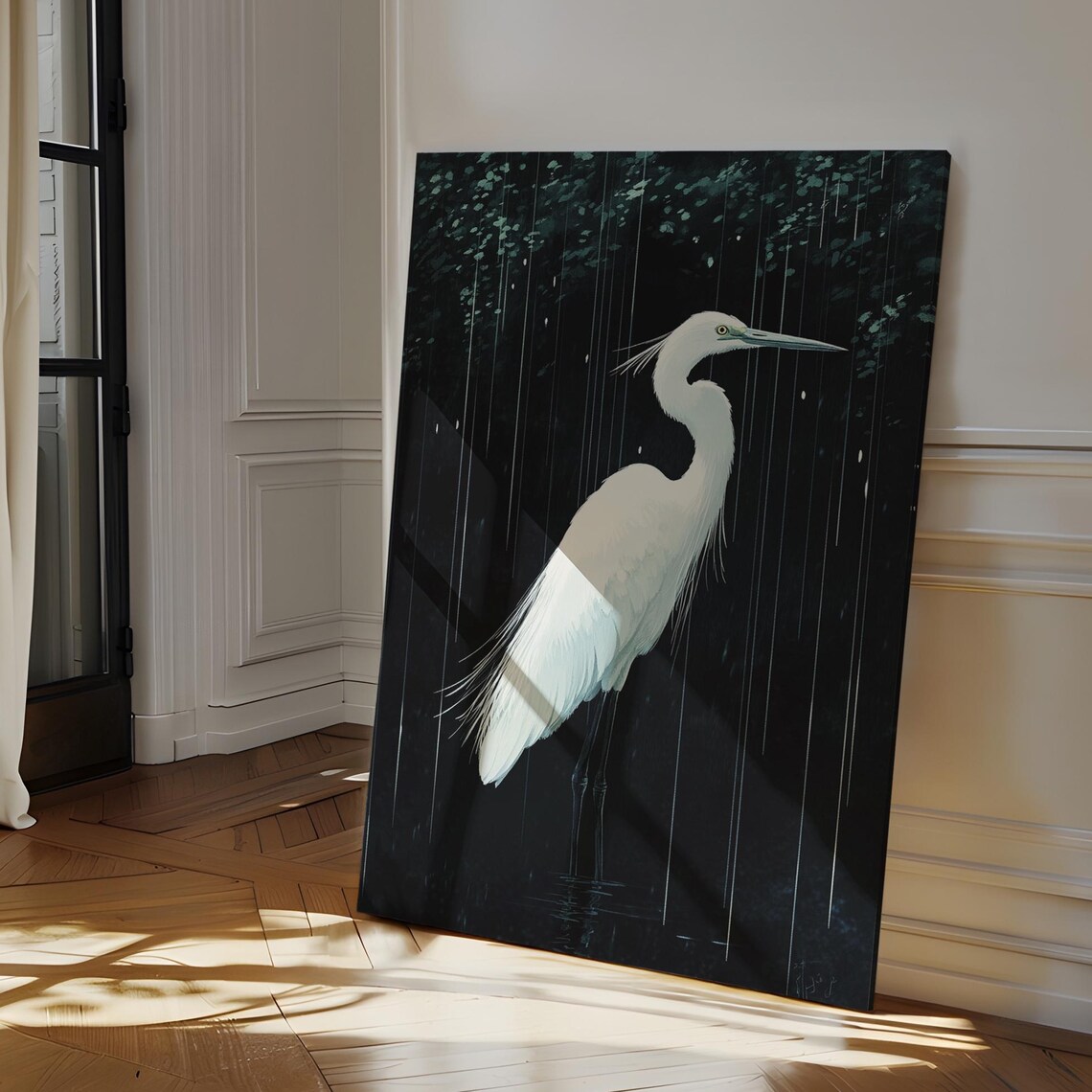 White Egret in the Rain Dramatic Dark Wildlife Bird Portrait Poster