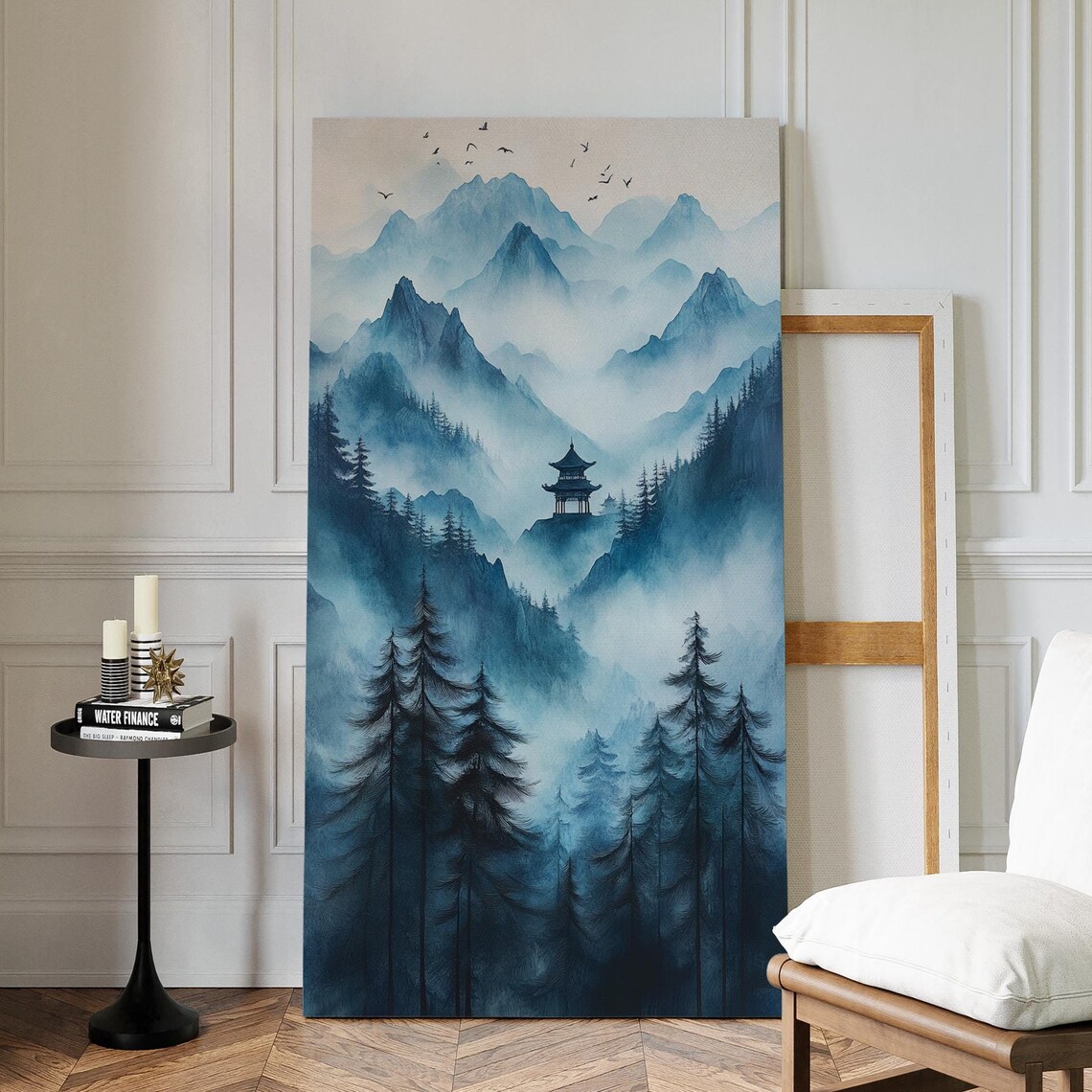 Misty Blue Mountain Pagoda Serene Asian Ink Landscape Wall Art