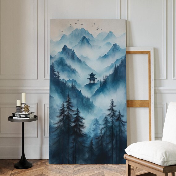 Misty Blue Mountain Pagoda Serene Asian Ink Landscape Wall Art