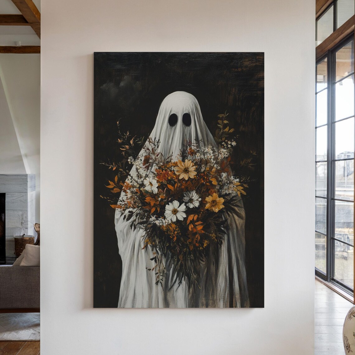 Spooky Ghost With Floral Bouquet Rustic Autumn Halloween Art Poster