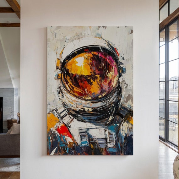 Bold Abstract Astronaut Art Vibrant Cosmic Helmet With Textured Brushstrokes Space Exploration Wall Decor For Modern Interiors