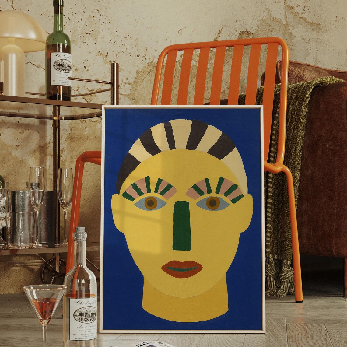 Bold Abstract Face Portrait Geometric Modern Yellow Blue Art Poster
