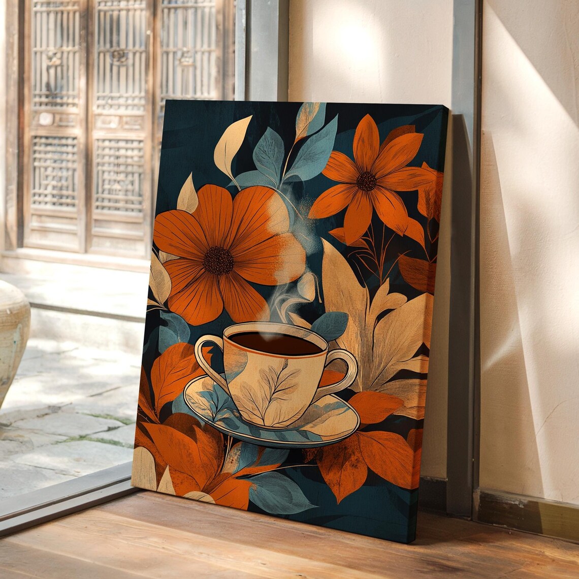 Vintage Coffee Cup With Autumn Florals Retro Botanical Art Poster