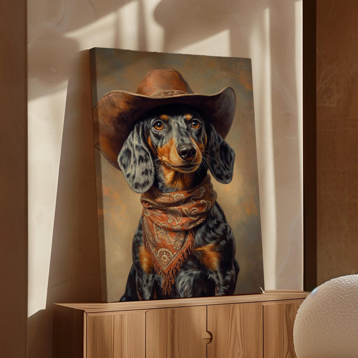 Dapple Dachshund Cowboy Hat Rustic Western Dog Portrait Poster