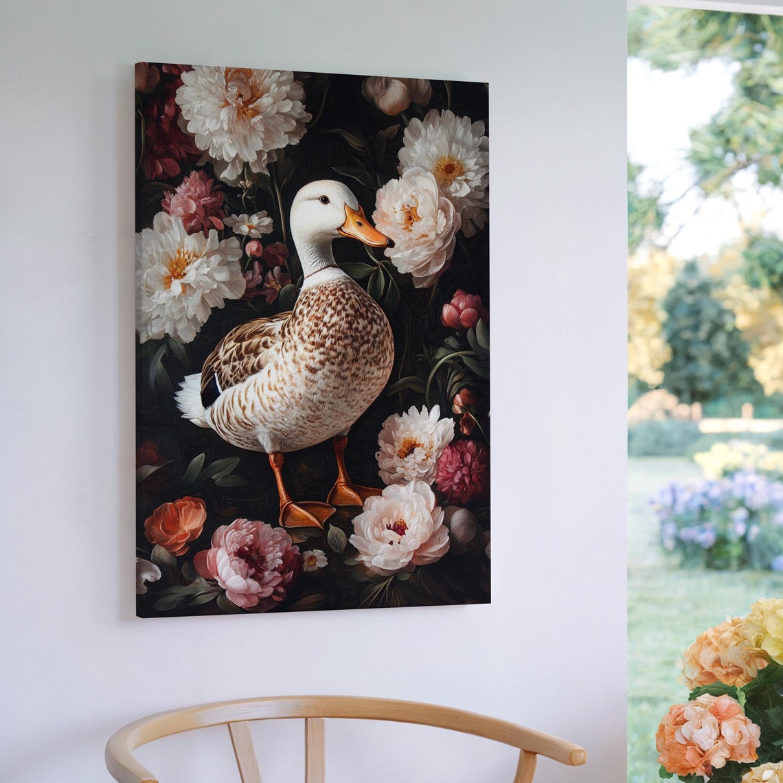 Duck Standing Among White and Pink Peonies Dark Floral Poster