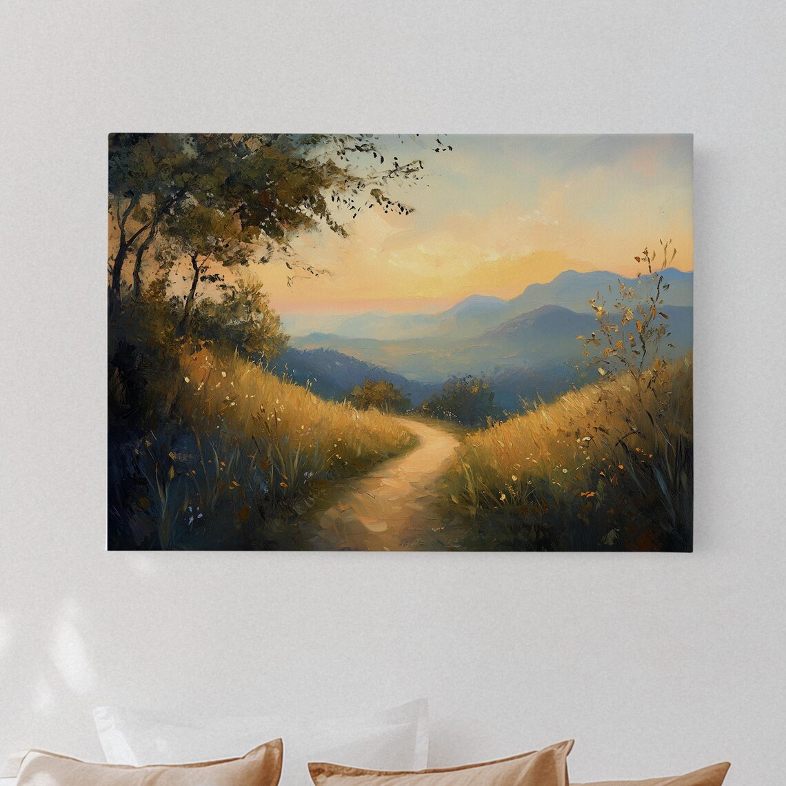 Golden Sunset Mountain Path, Rustic Landscape Art Print