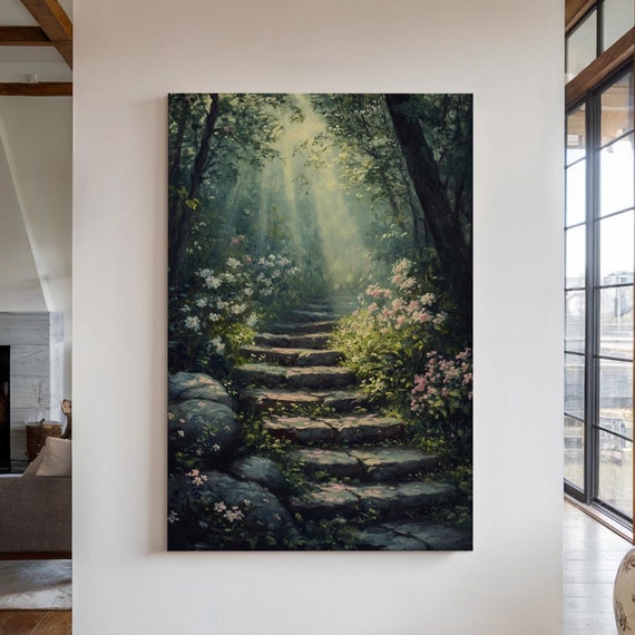 Enchanted Forest Path Wall Art Serene Stone Steps With Blossoms And Sunlight Print For Nature Inspired Home Decor