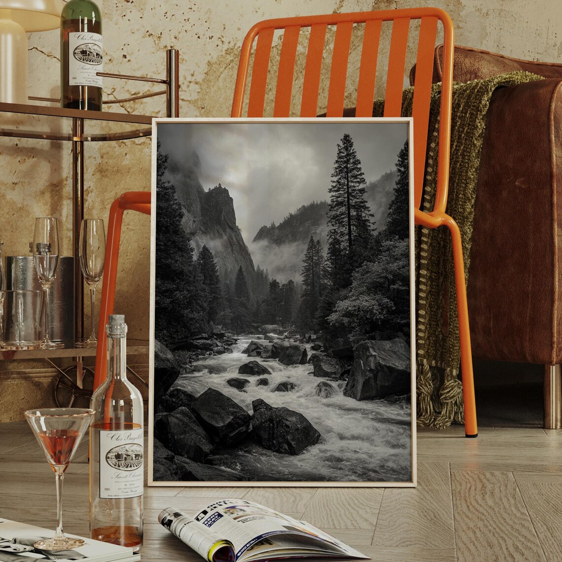 Black and White River Through Misty Mountains Art Print