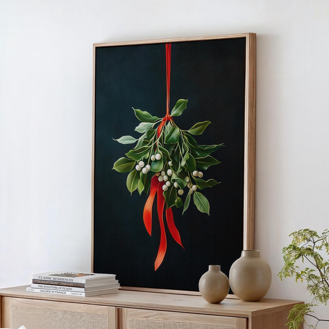 Elegant Mistletoe Sprig With Red Ribbon Christmas Botanical Poster