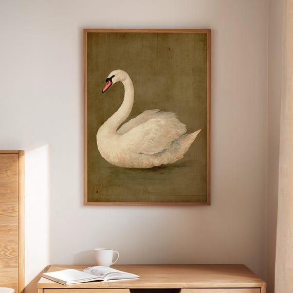 Vintage Swan Wall Art Print Elegant Bird Illustration On Antique Style Background Rustic Nature Decor For Cottage Farmhouse Or Lake House