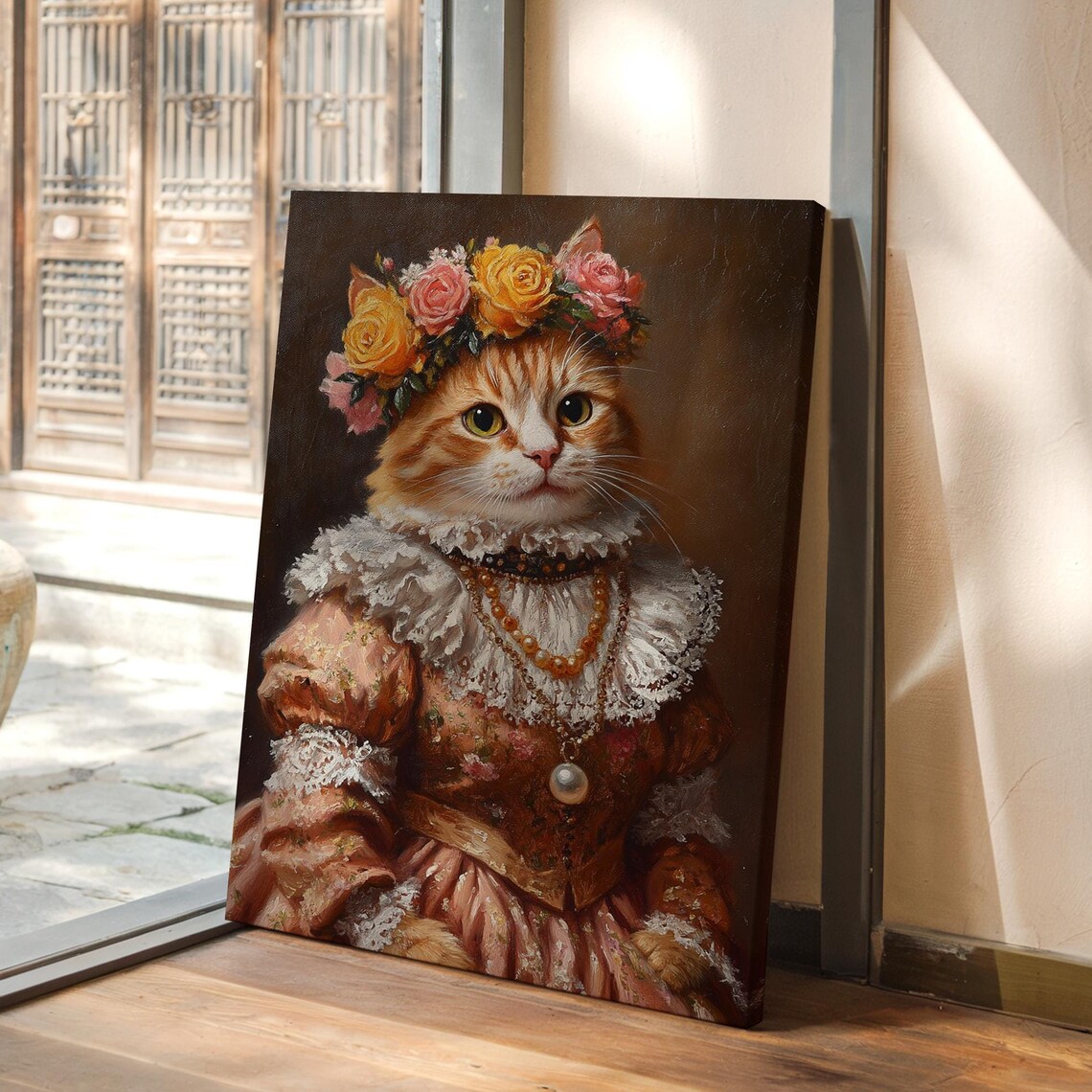 Orange Cat Victorian Lace Dress Rose Floral Crown Portrait Poster