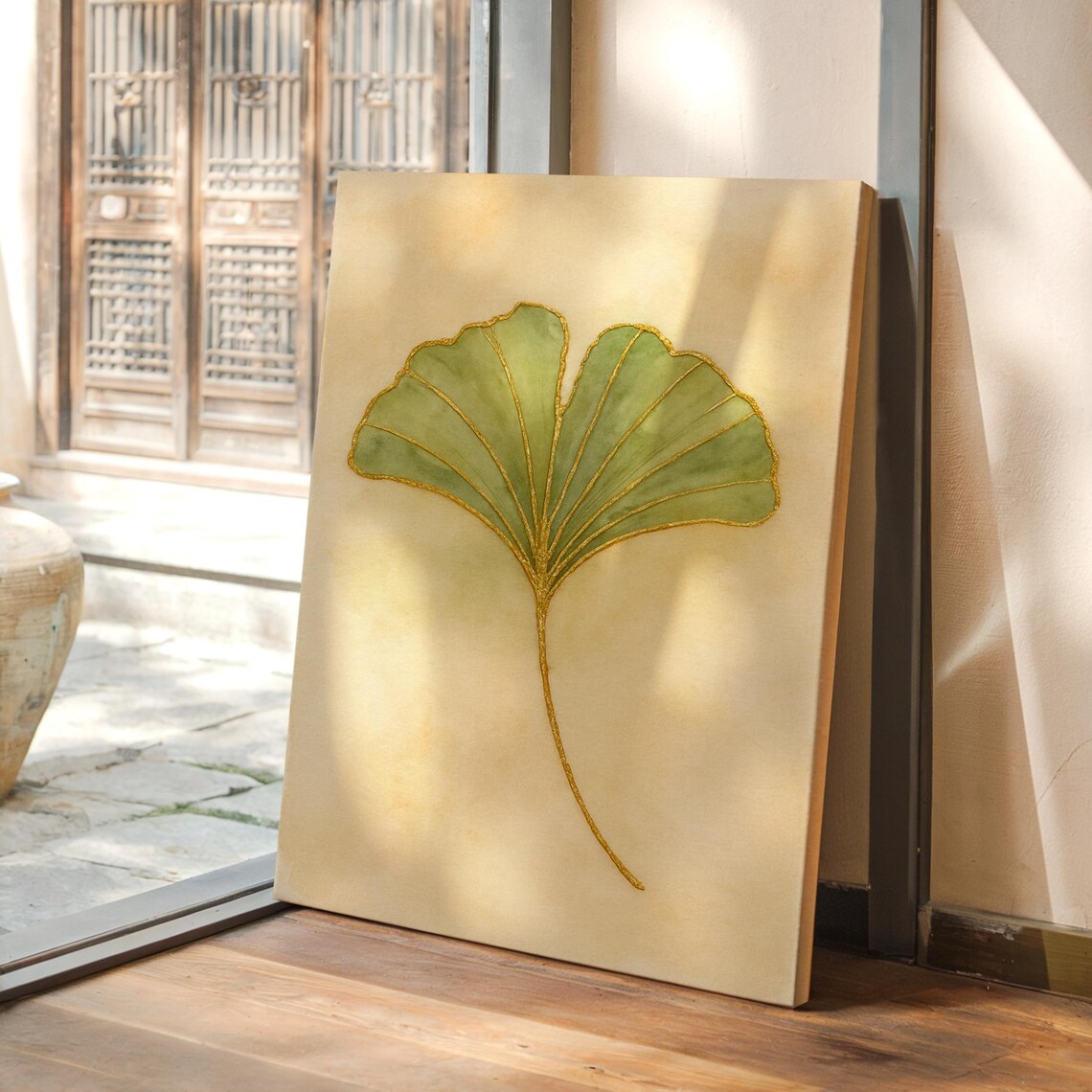 Elegant Ginkgo Leaf Minimalist Green Botanical Gold Vein Poster