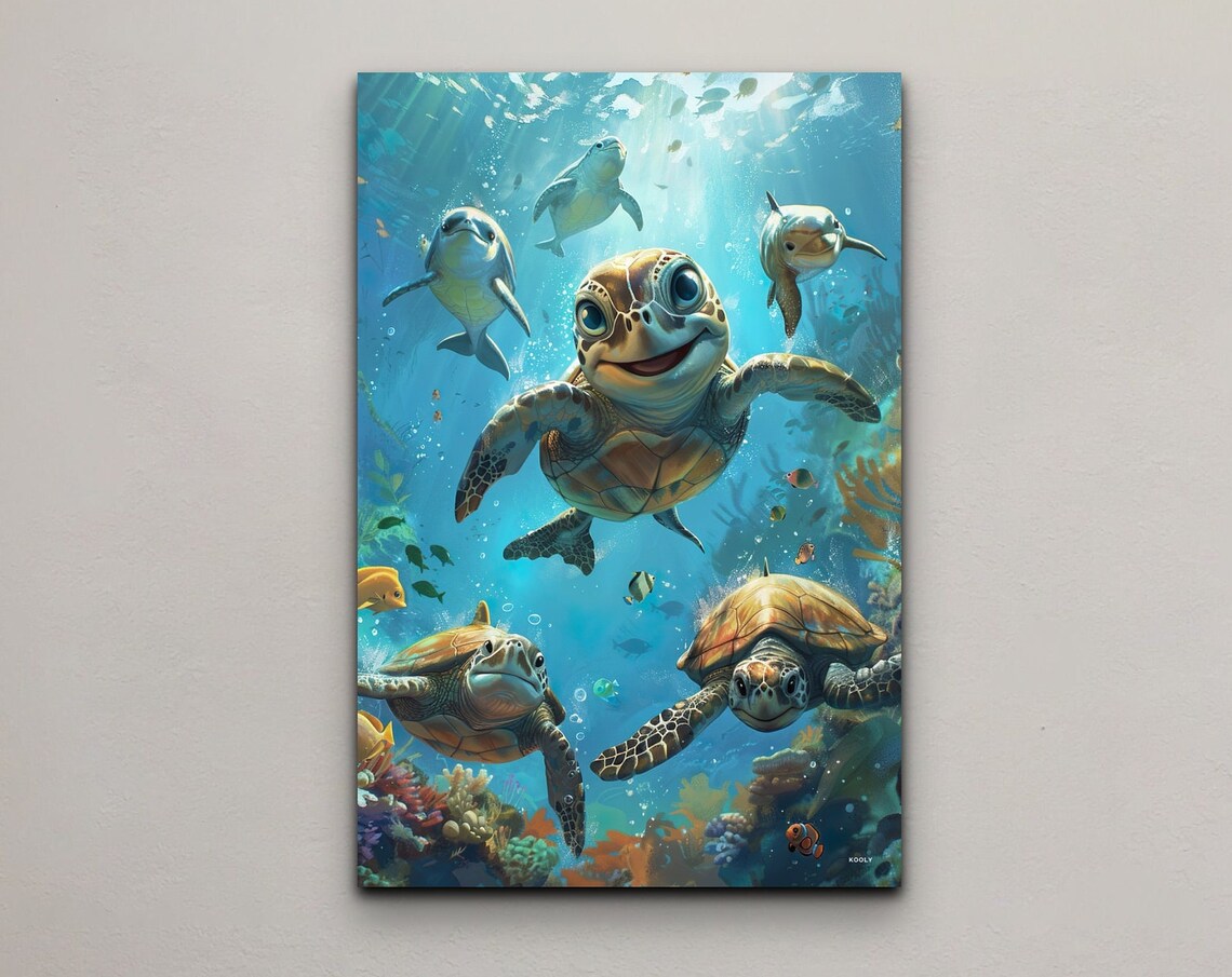 Animated Style Turtles Dolphins Sea Decor Portrait