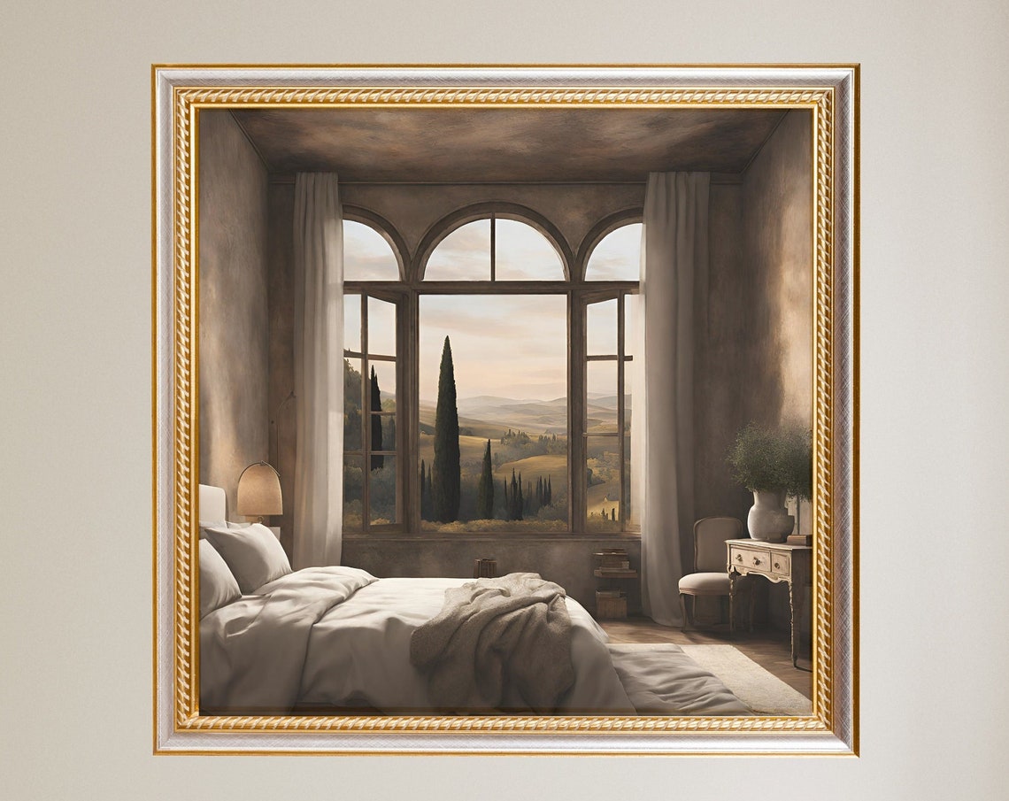 Serene Bedroom with Arched Windows Over Cypress Hills Wall Art