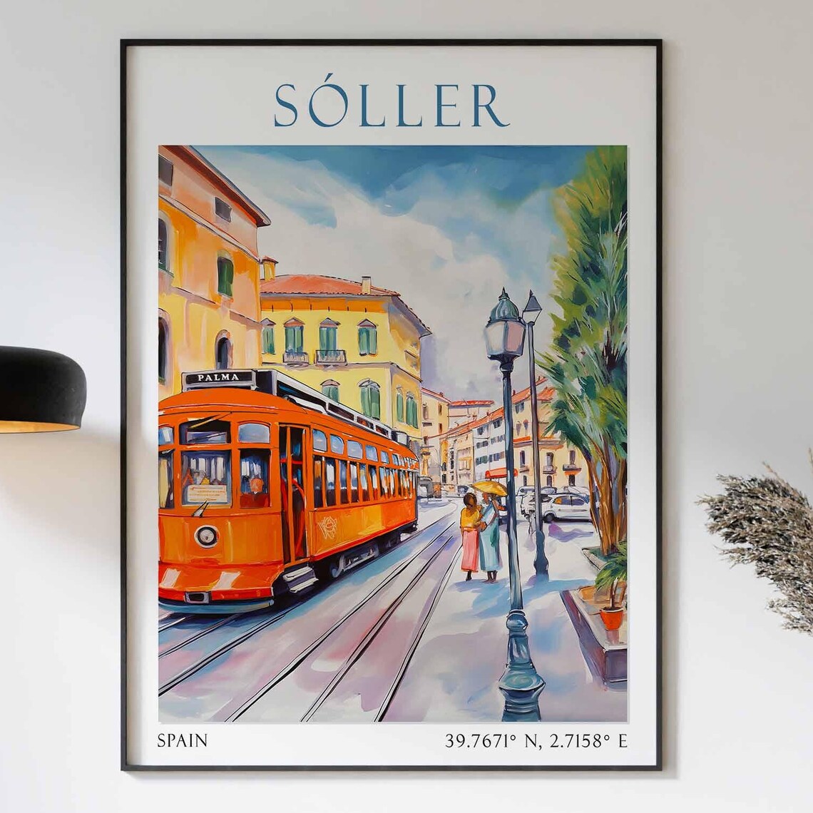Soller Spain Vintage Orange Palma Tram Through Old Town Poster