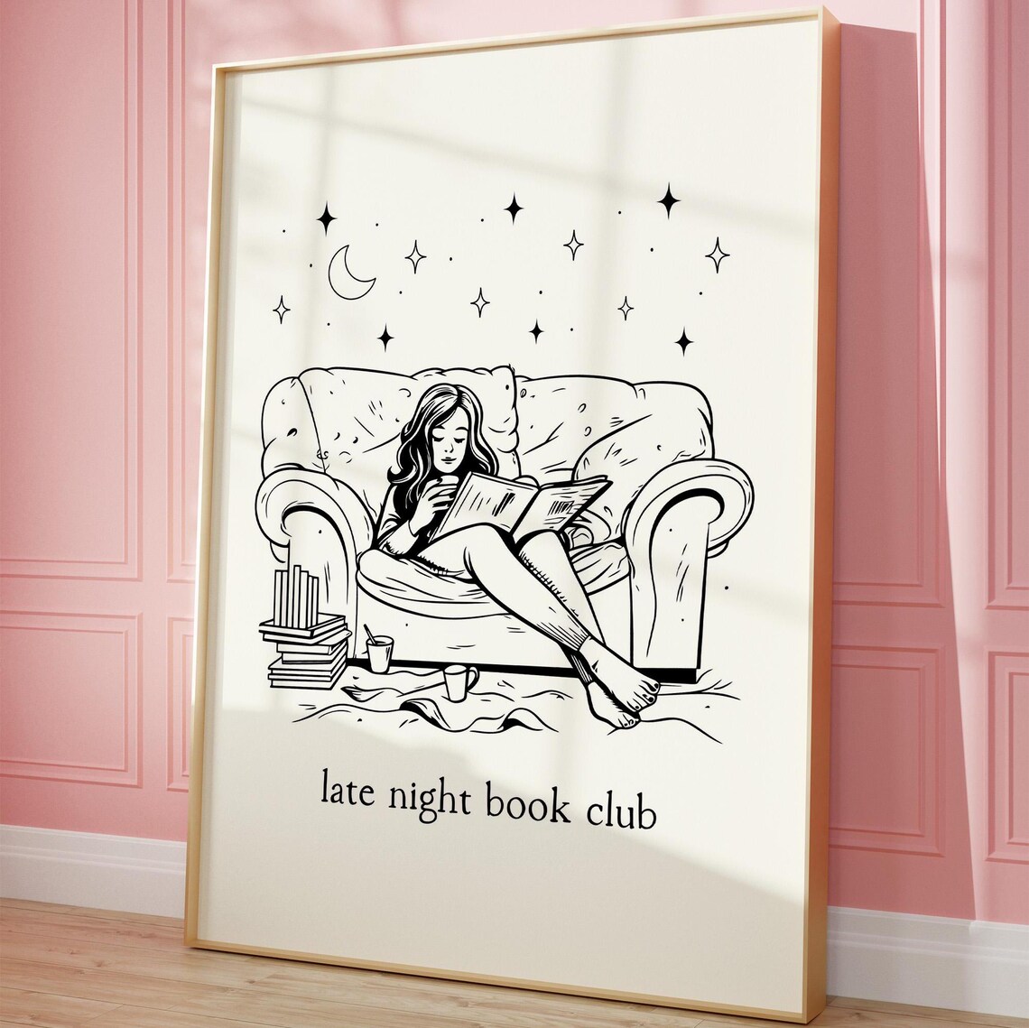 Late Night Book Club Line Art of Woman Reading on Sofa Poster - Image 3