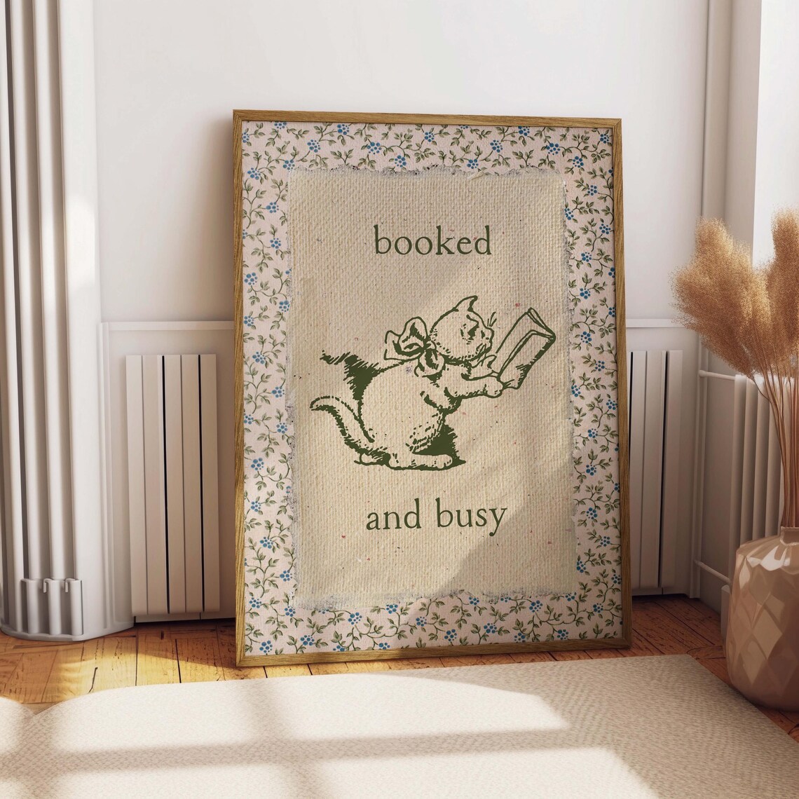 Booked and Busy Kitten Reading Vintage Green Floral Mat Poster - Image 2