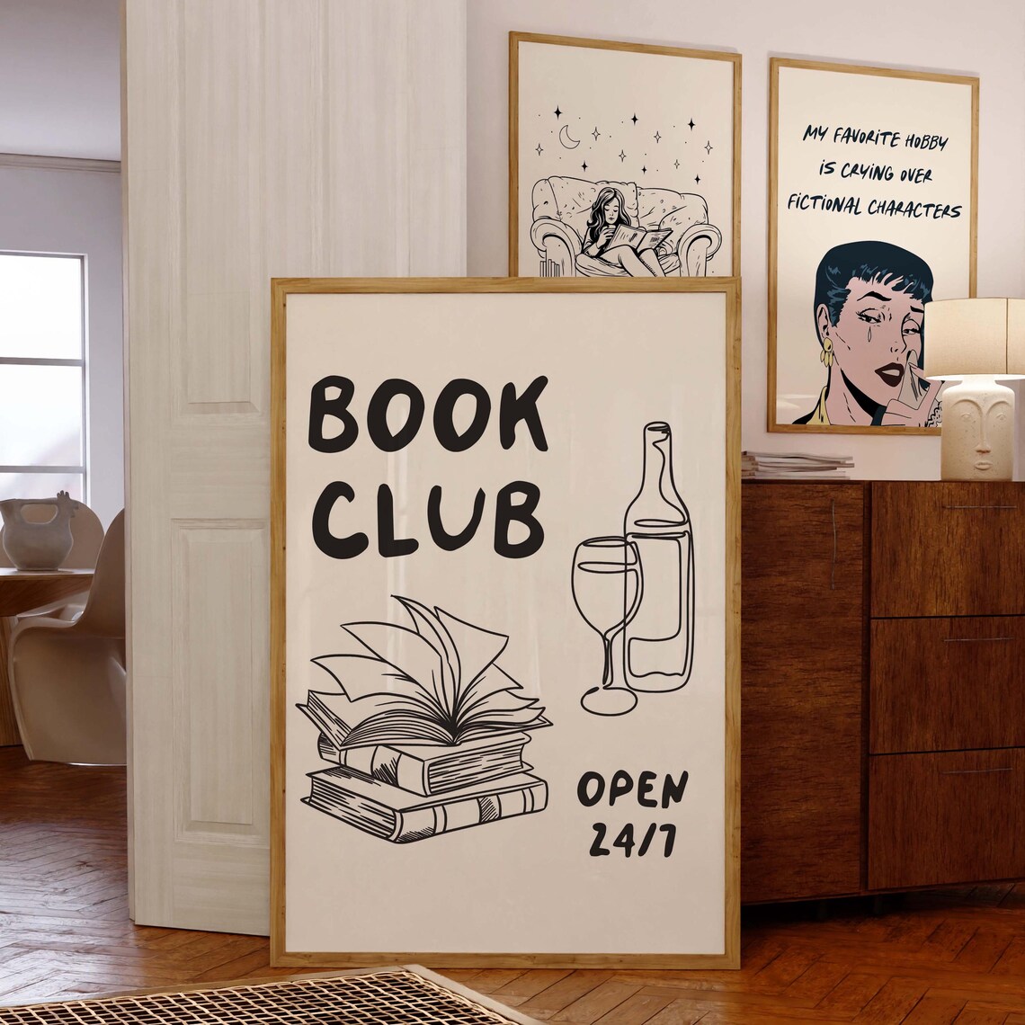 Black Line Art Book Club Open 24/7 Wine Glass Reader Decor Poster - Image 3