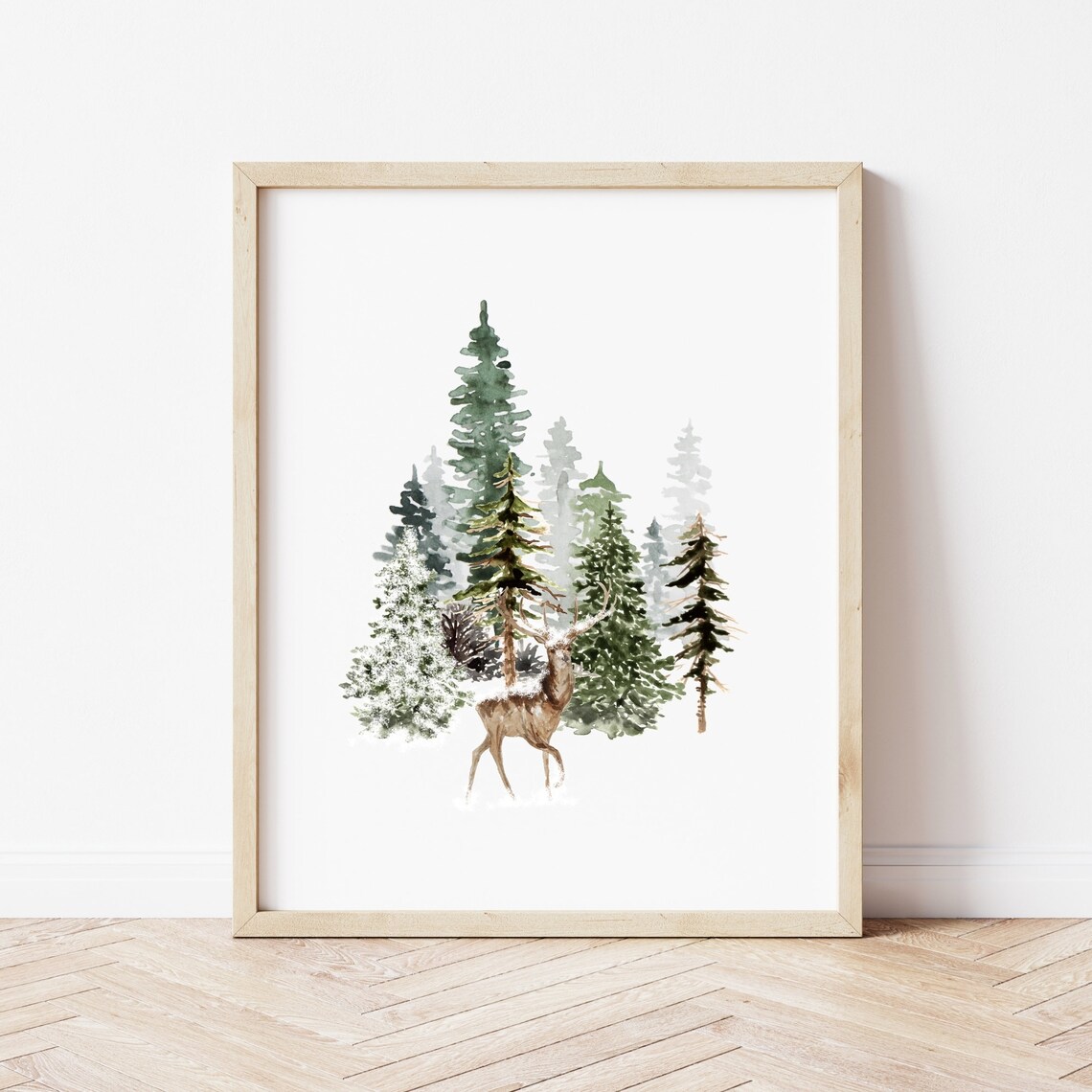 Winter Deer among Pine Trees Watercolor Woodland Forest Art Poster - Image 3