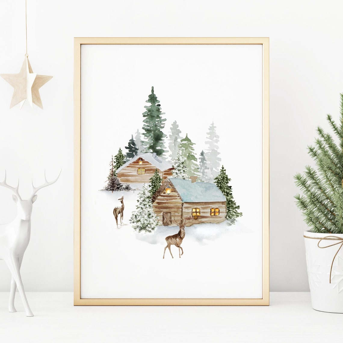 Rustic Winter Cabins with Deer Watercolor Woodland Christmas Poster - Image 4
