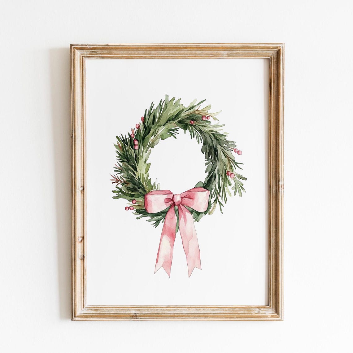 Watercolor Christmas Wreath with Pink Bow and Berries Poster