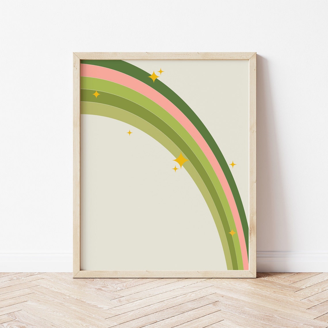 Green Pink Retro Rainbow Arch Stars Modern Nursery Decor Poster - Image 3
