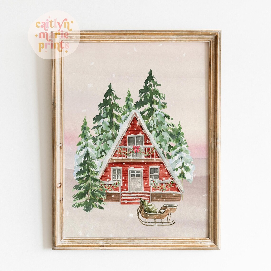 Red A Frame Christmas Cabin Watercolor Sled Snowy Pines Poster - Image 3