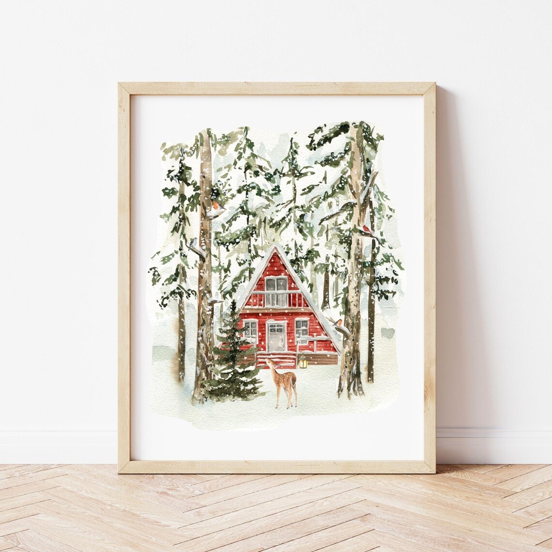 Winter Forest Red A Frame Cabin Snowy Deer Watercolor Art Poster - Image 3