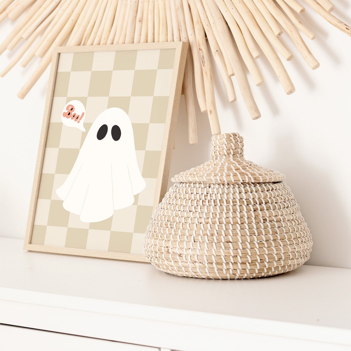 Boo Ghost Speech Bubble on Beige Checkerboard Halloween Poster - Image 3