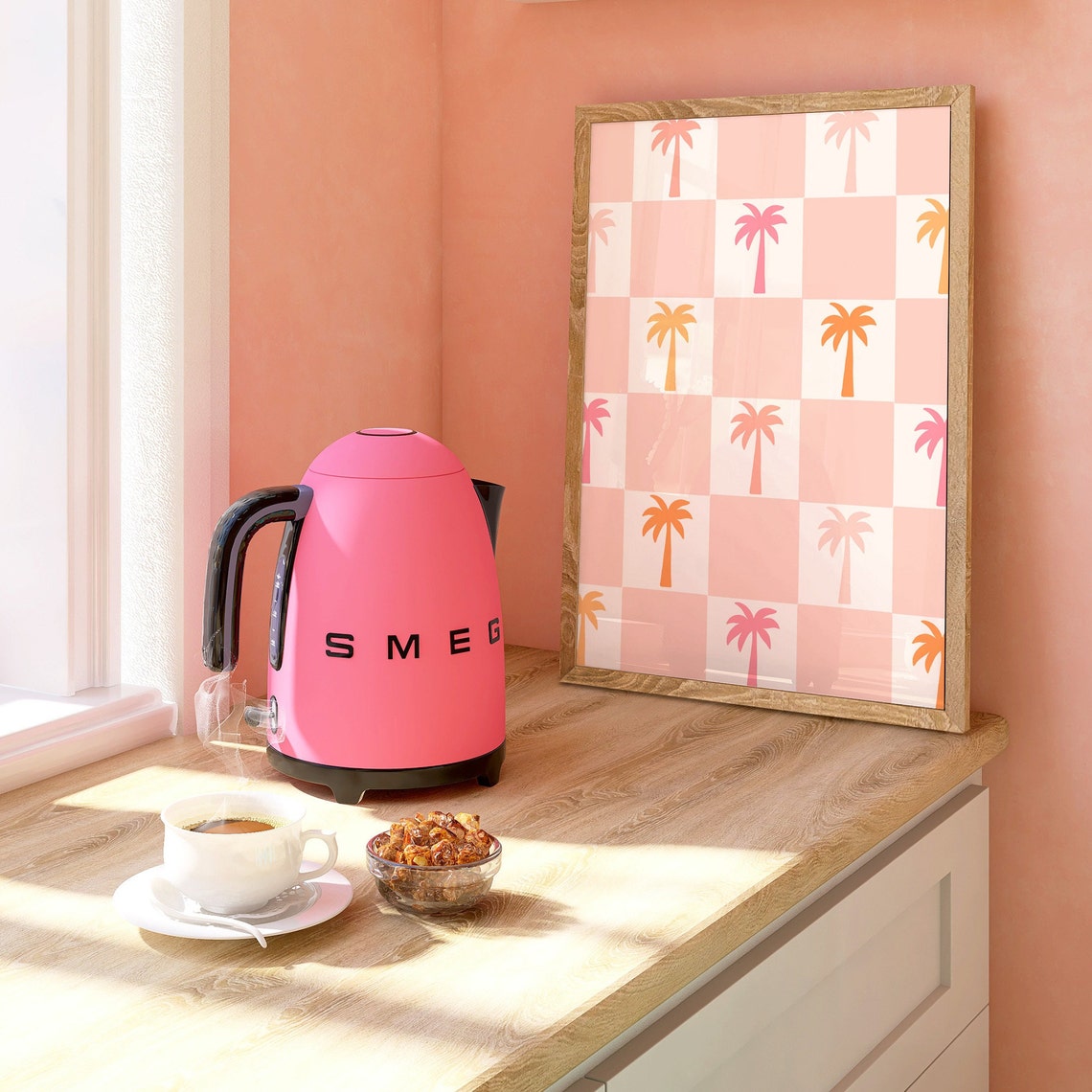 Pink Checkerboard Palm Tree Silhouettes Retro Tropical Pattern Poster - Image 3