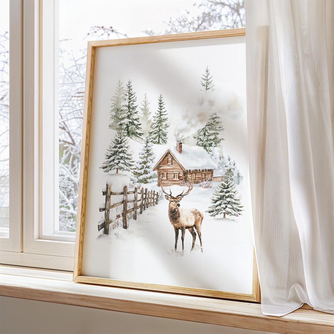 Snowy Cabin with Deer and Wooden Fence Watercolor Winter Poster - Image 3