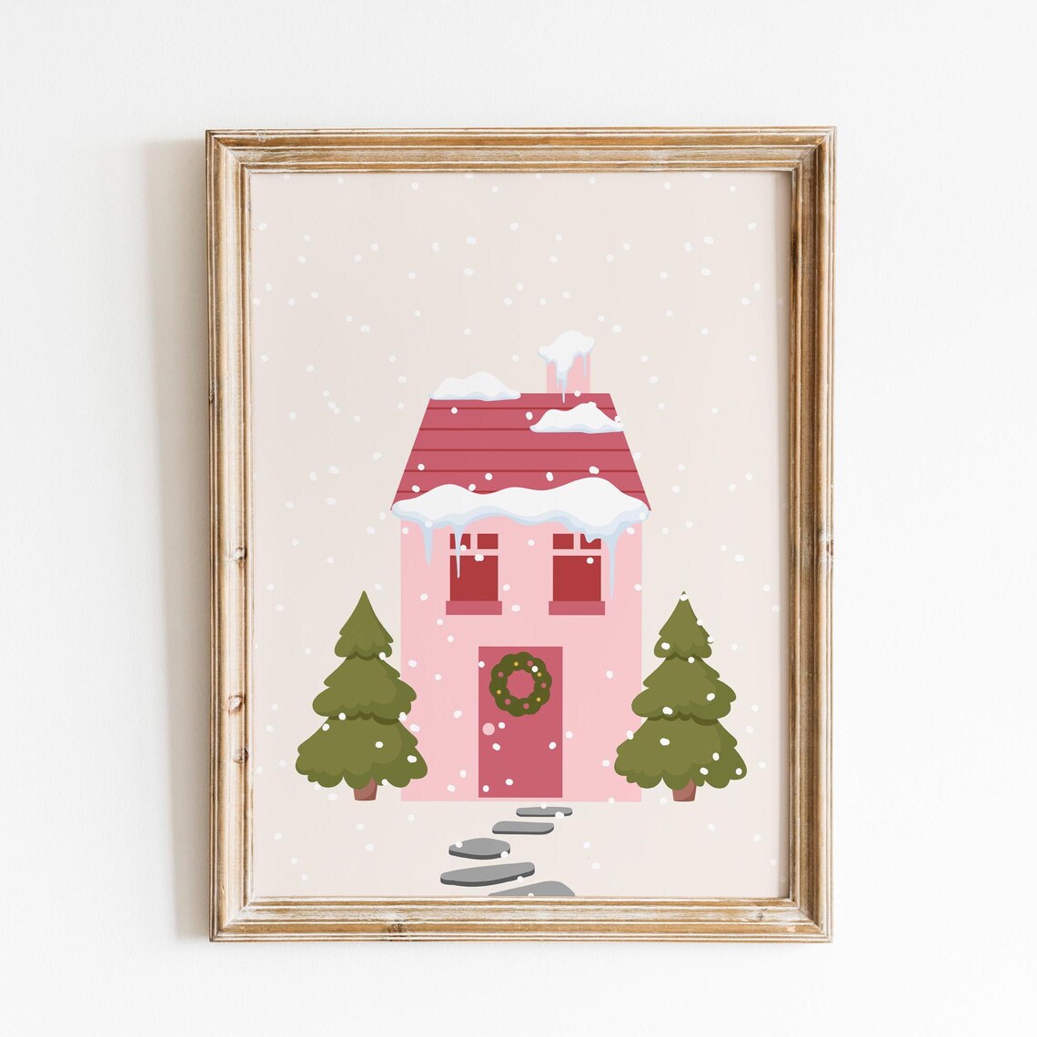 Cozy Pink Snowy Christmas Cottage Winter Village Holiday Poster