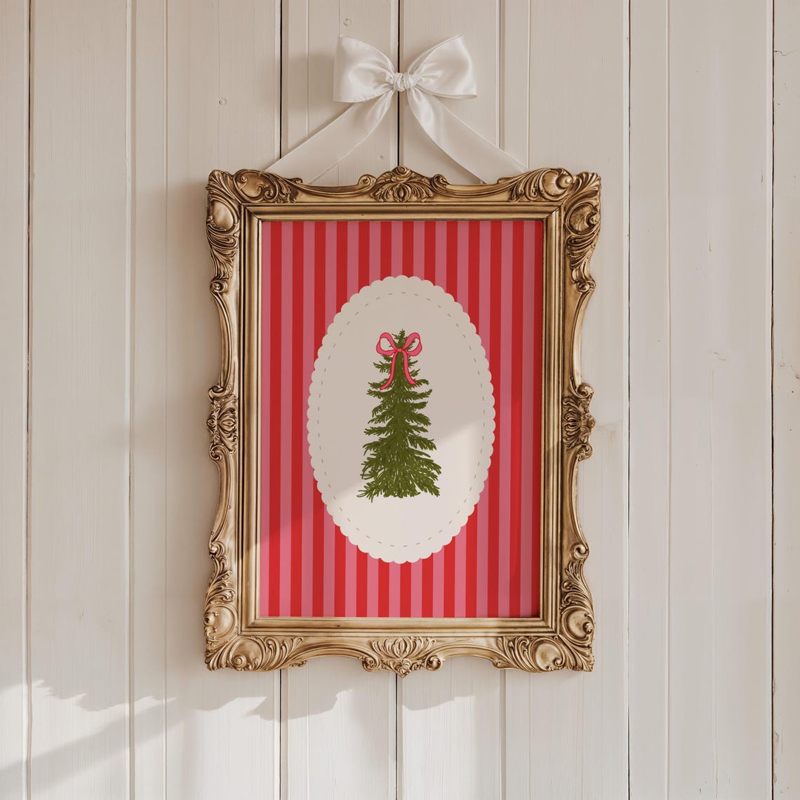 Striped Christmas Tree Coquette Pink Red Holiday Style Poster