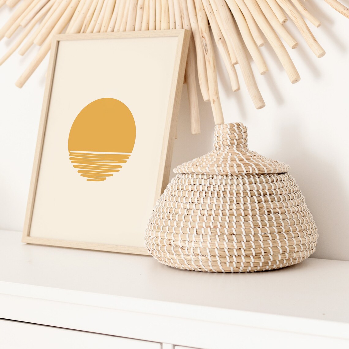 Boho Sun Over Ocean Minimalist Mustard Yellow Sunrise Wall Art - Image 3