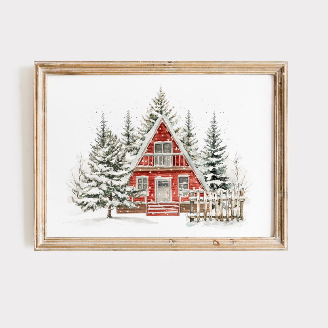 Red A Frame Cabin Watercolor Snowy Pine Forest Winter Poster