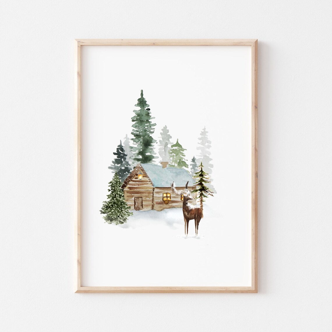 Winter Wonderland Snowy Forest Cabin With Deer Watercolor Poster - Image 4