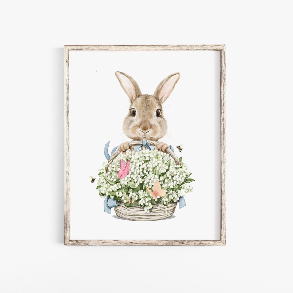 Watercolor Bunny Holding Flower Basket Lily Valley Nursery Poster - Image 2