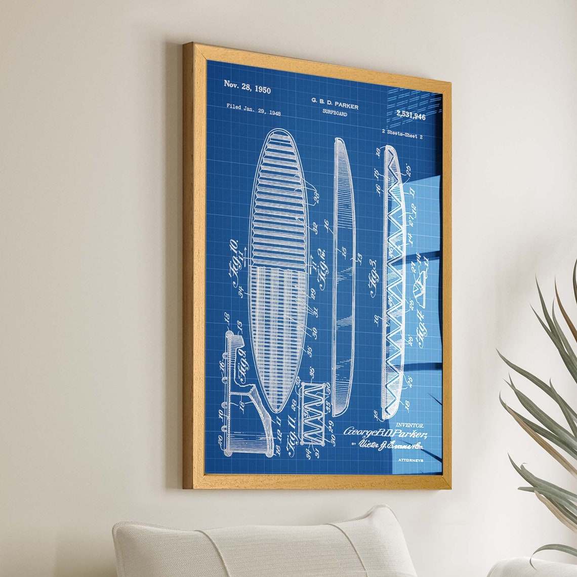 1950 Surfboard Patent Print, Vintage Surfing Decor - Image 2