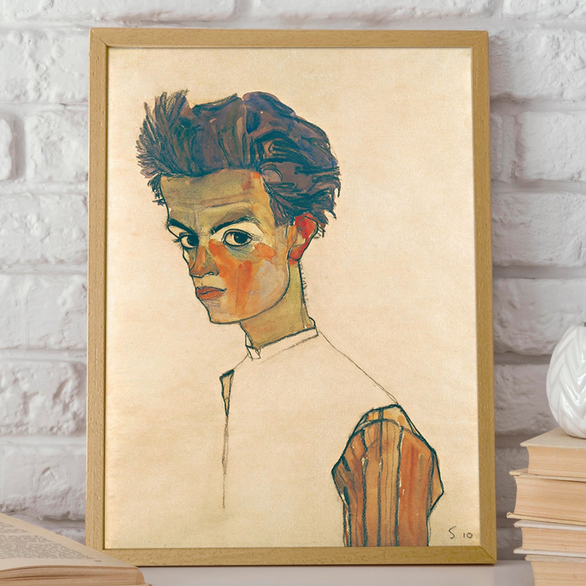 Egon Schiele Self Portrait, Striped Shirt Art Print - Image 2