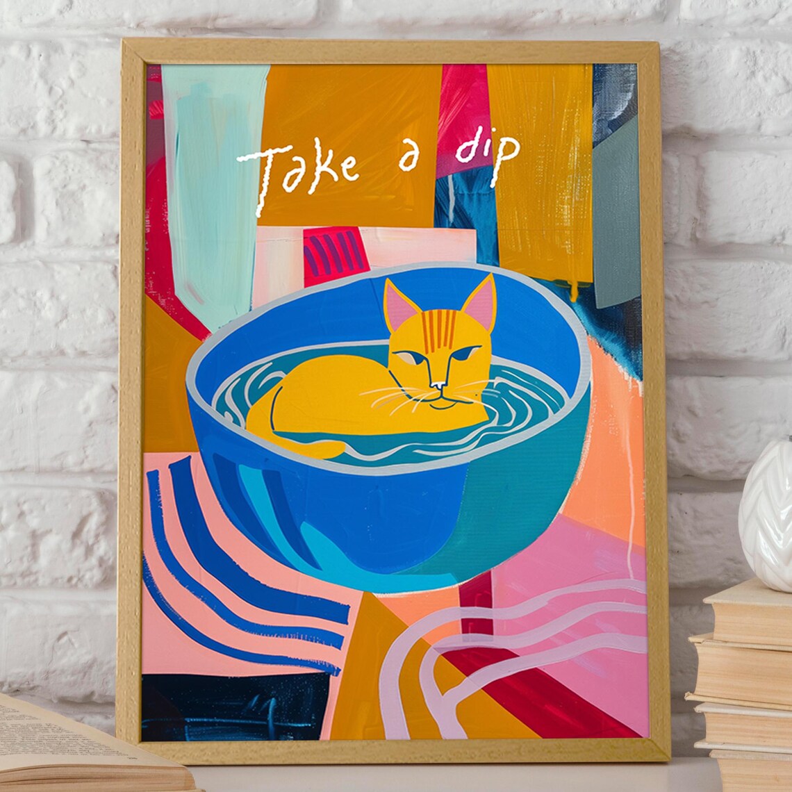 Take a Dip Funny Ginger Cat in a Bath Bowl Abstract Art Poster - Image 2
