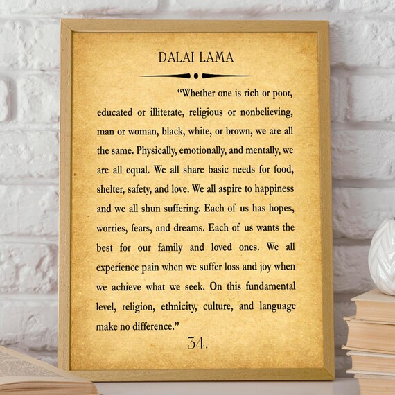 Dalai Lama We Are All Equal Quote Aged Book Page Passage Number 34 Poster