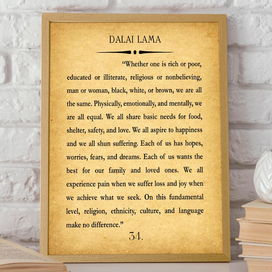 Dalai Lama We Are All Equal Quote Aged Book Page Passage Number 34 Poster