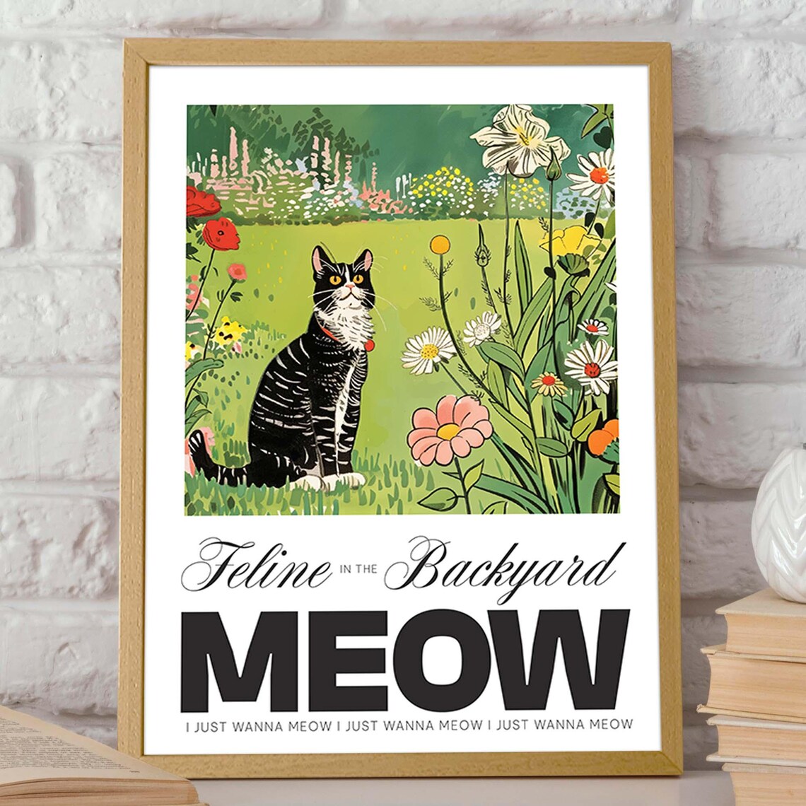 Feline in the Backyard Meow Funny Black Cat Flower Garden Poster - Image 2