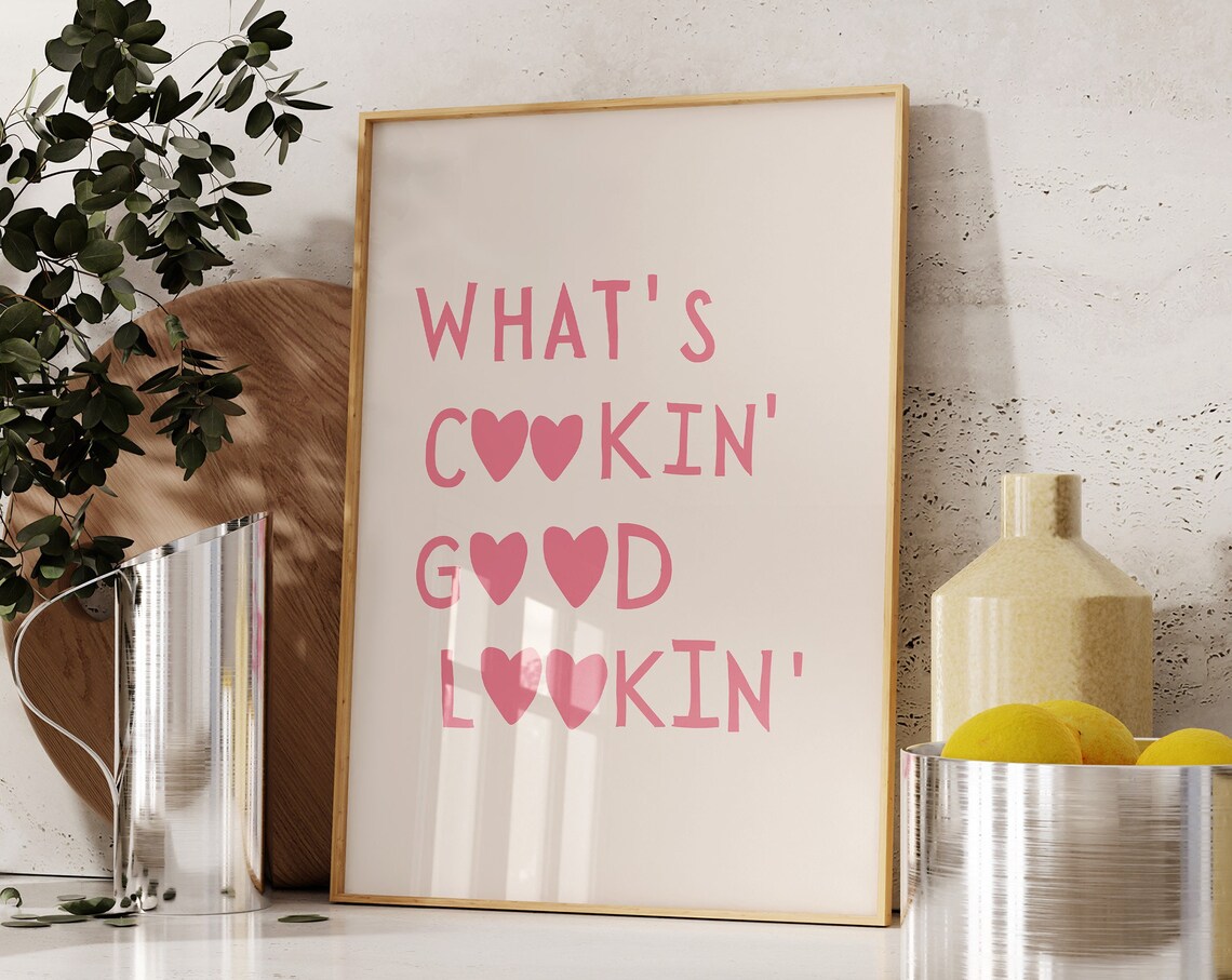 Whats Cookin Good Lookin Pink Heart Kitchen Quote Decor Poster